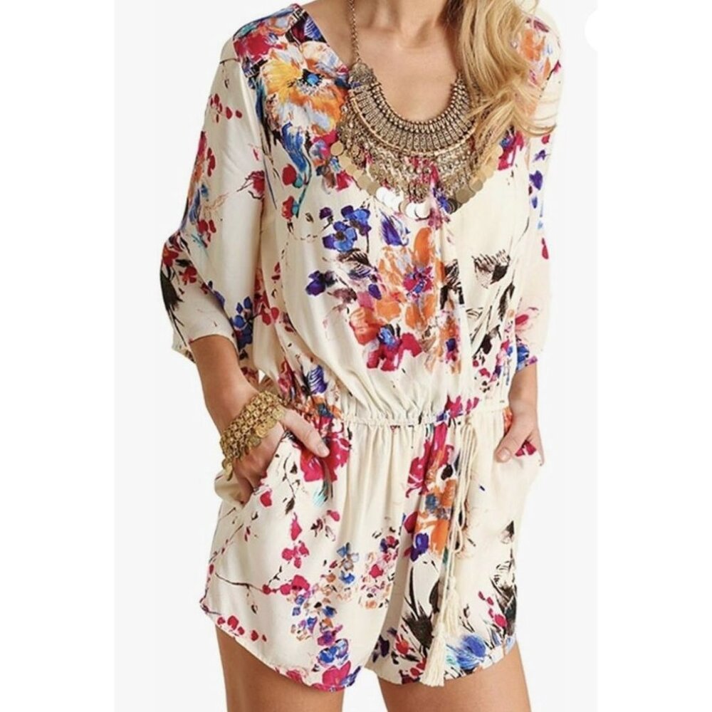 Umgee Womens Romper Sz S White Floral Boho Fairy Festival ResortWear CruiseWear